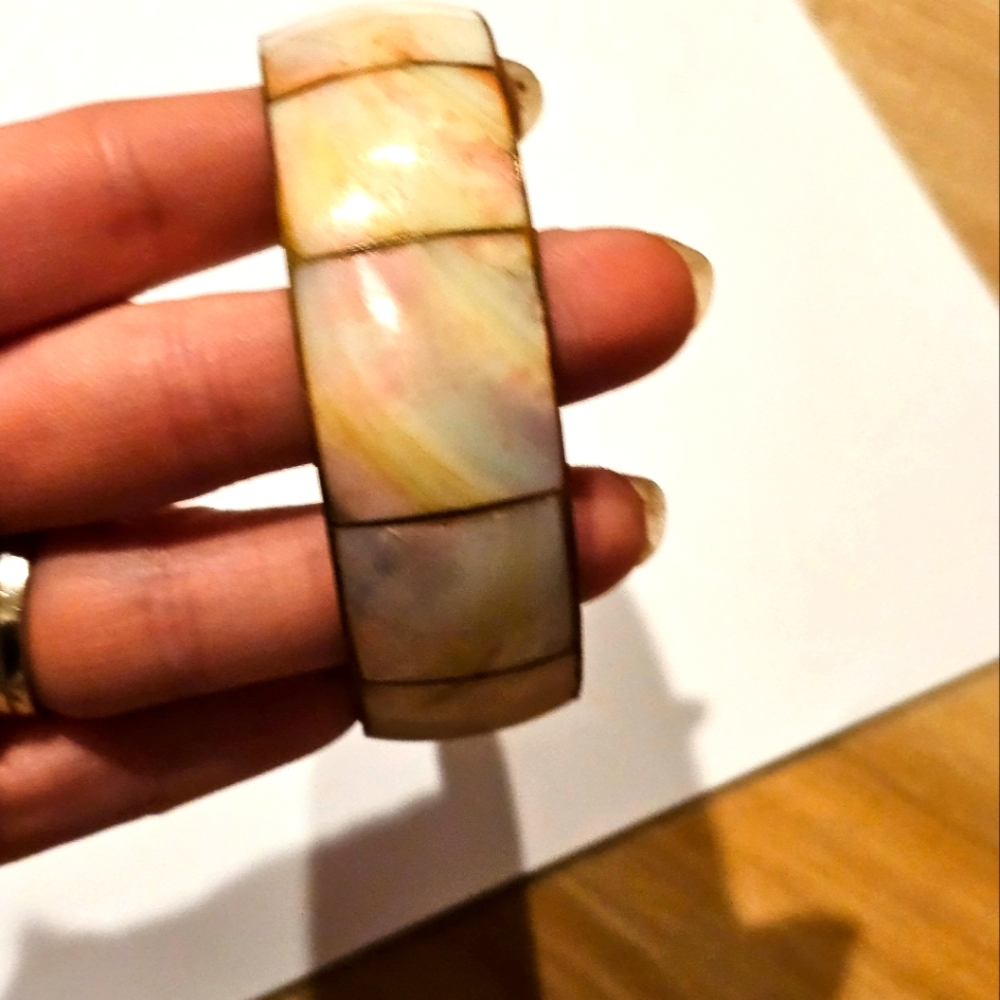 Vintage Capiz Shell Inlaid Brass Bangle Bracelet.